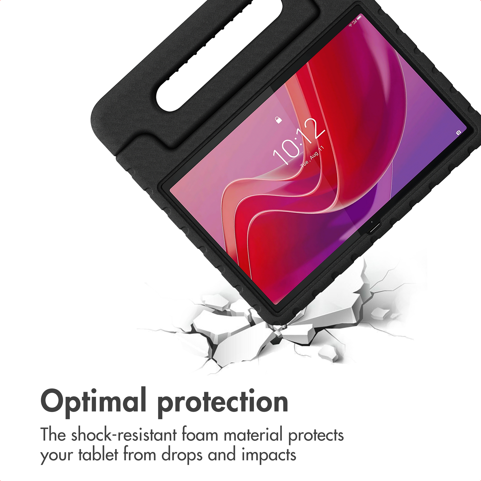 A tablet in a rugged black foam case floating above a cracked white surface with text.