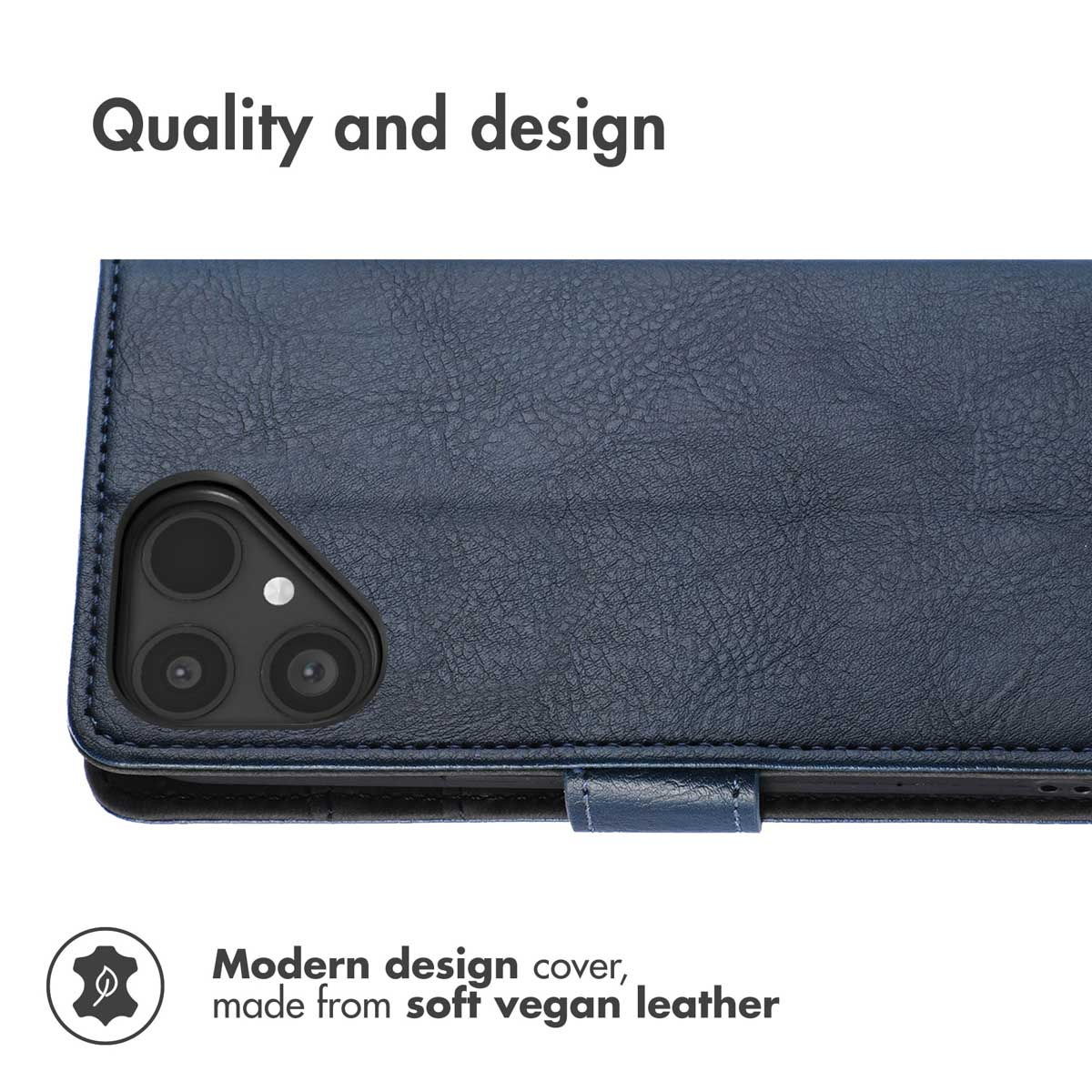 A blue textured vegan leather phone case with camera cutout and text about quality and design.