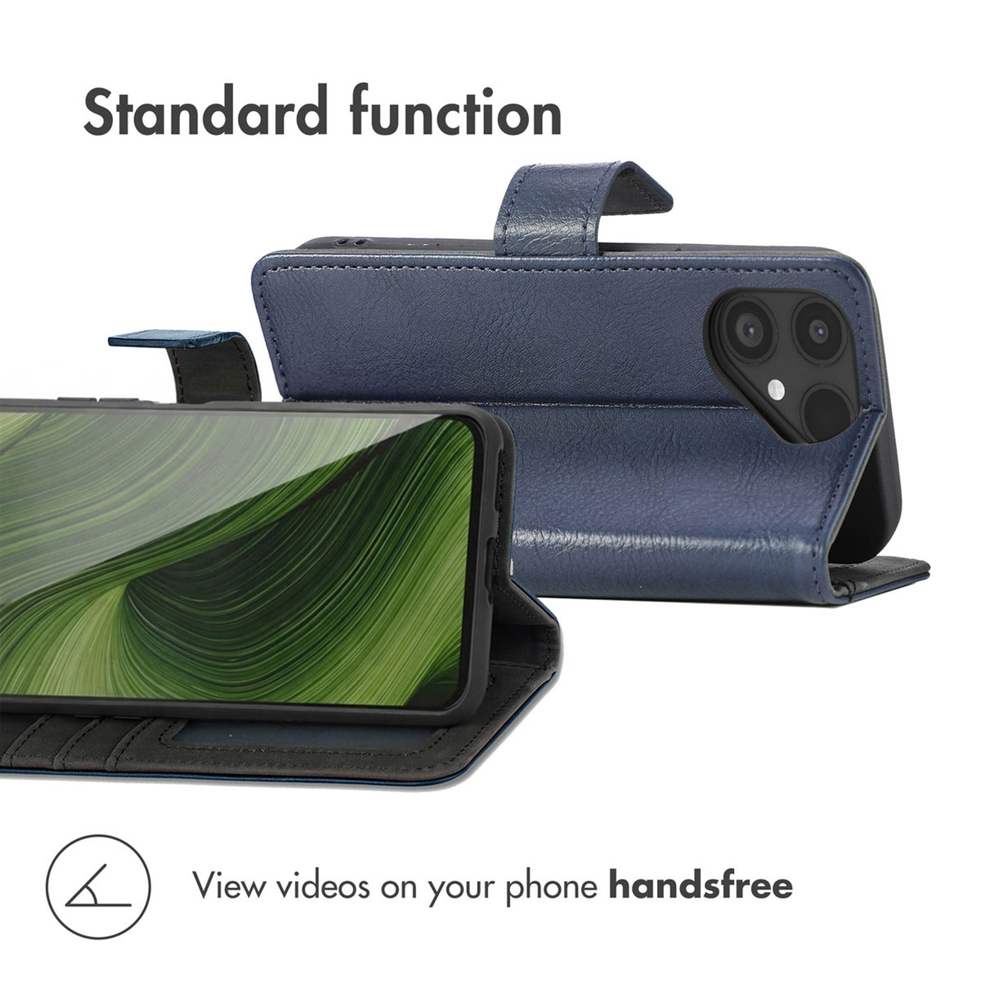 Blue leather phone case with stand function for hands-free video viewing.