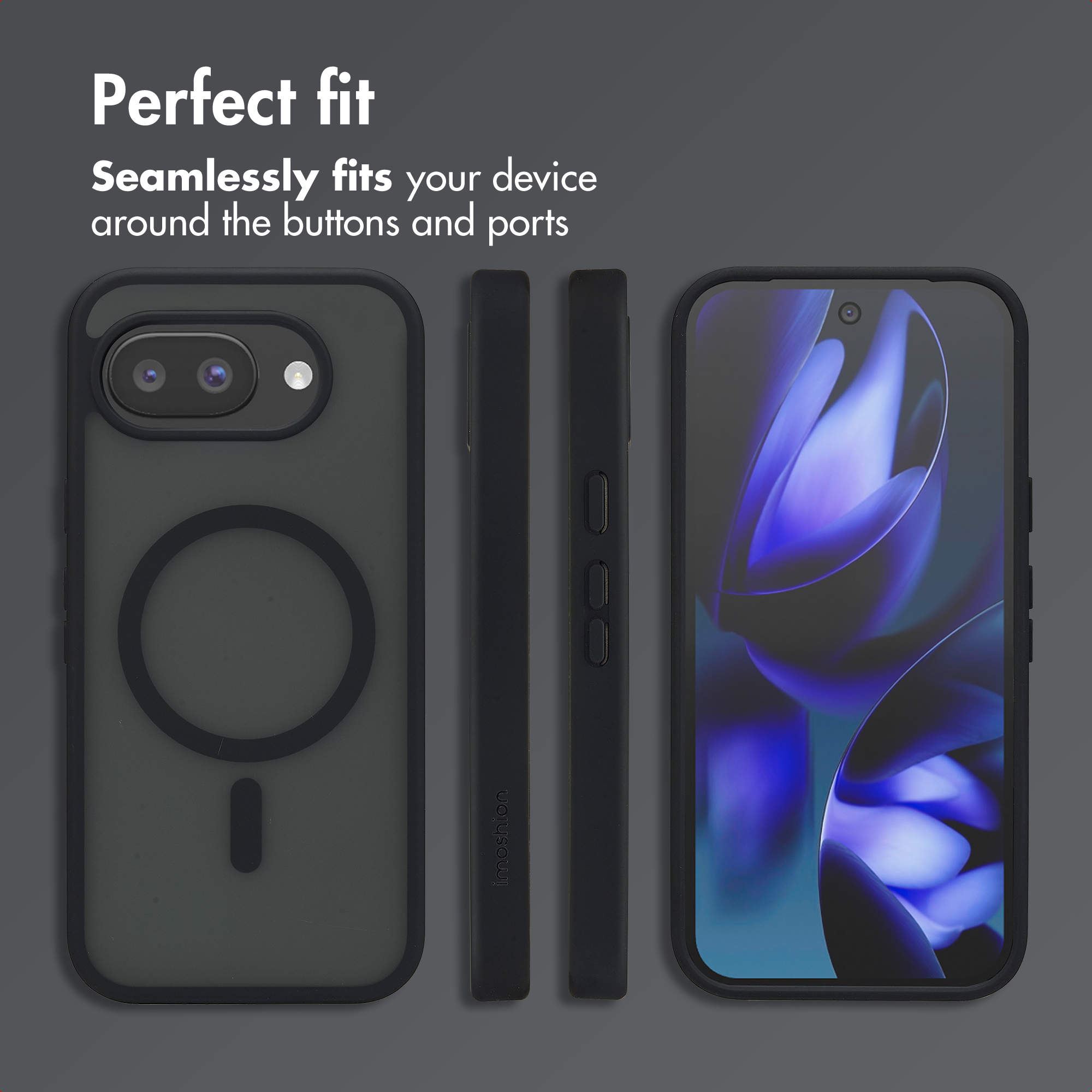 Diverse viste di una custodia nera per smartphone con anello magnetico su sfondo grigio.