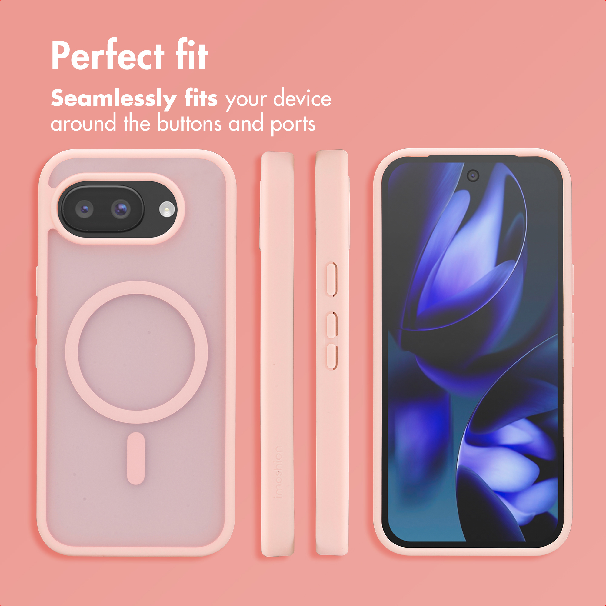 Cover per telefono rosa mostrata da più angolazioni su sfondo rosa con testo Vestibilità perfetta.