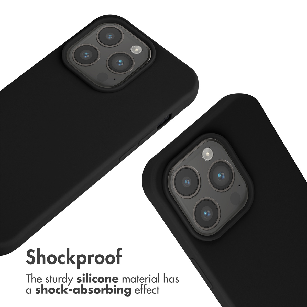 Dos fundas de silicona negra para teléfonos con recortes para la cámara sobre fondo blanco, con texto sobre absorción de impactos.