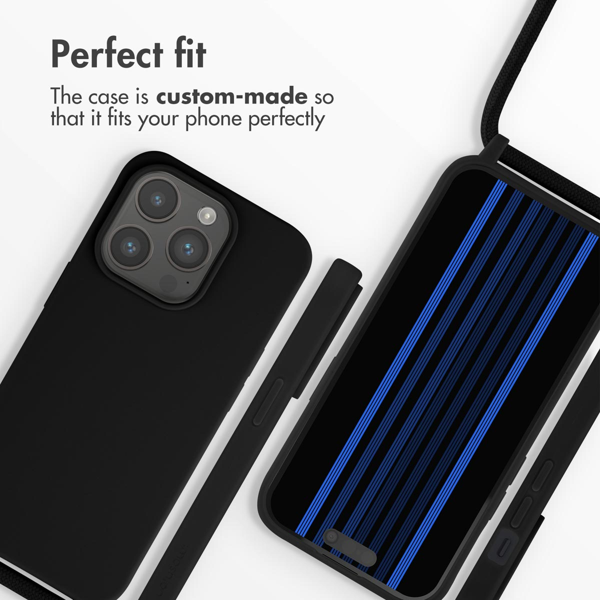 Funda de móvil negra con correa y diseño de rayas azules.