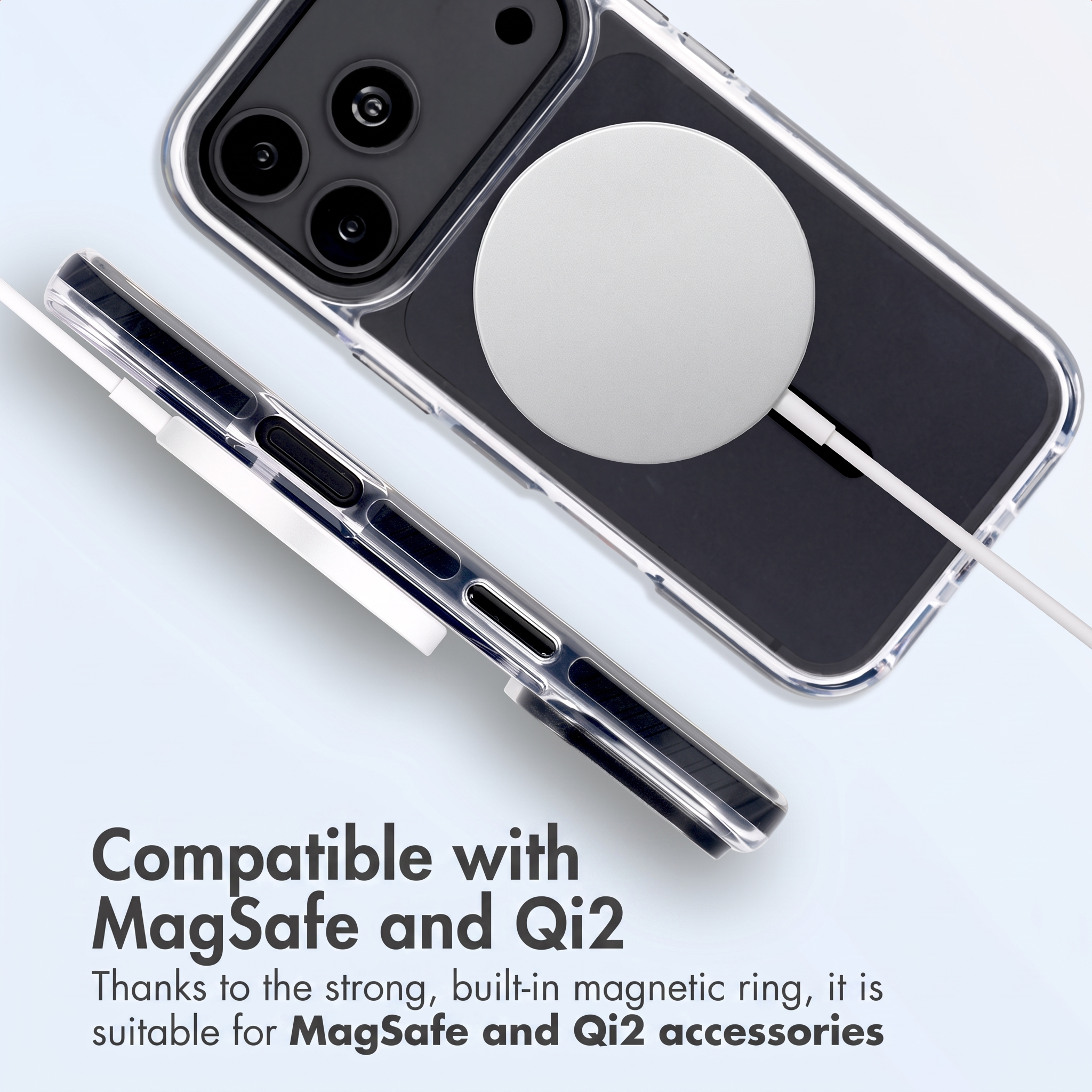 Ein Smartphone in einer Klarsichthülle mit MagSafe-Ladegerät und Text unten zur MagSafe- und Qi2-Kompatibilität.