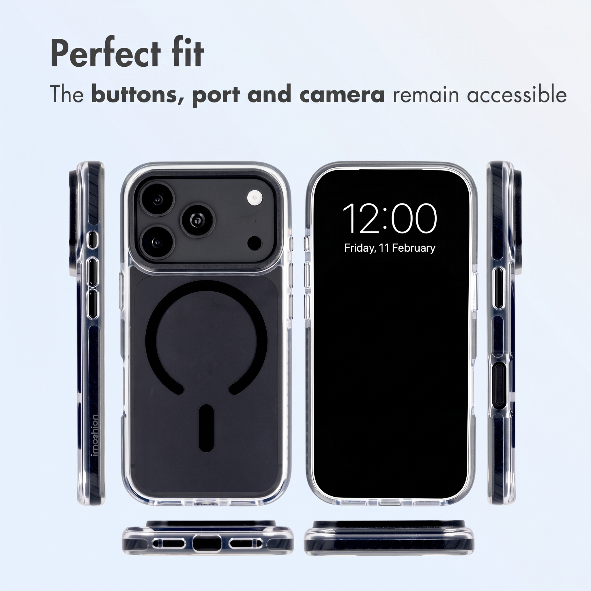Ein Telefon in einer transparenten Hülle aus mehreren Blickwinkeln vor blauem Hintergrund.
