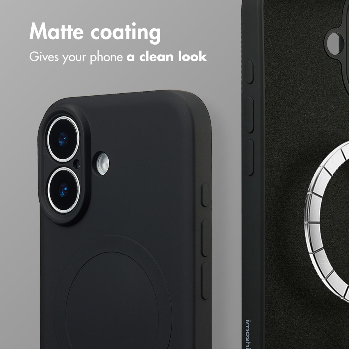 Custodia per smartphone nera con finitura opaca e doppia lente per fotocamera.