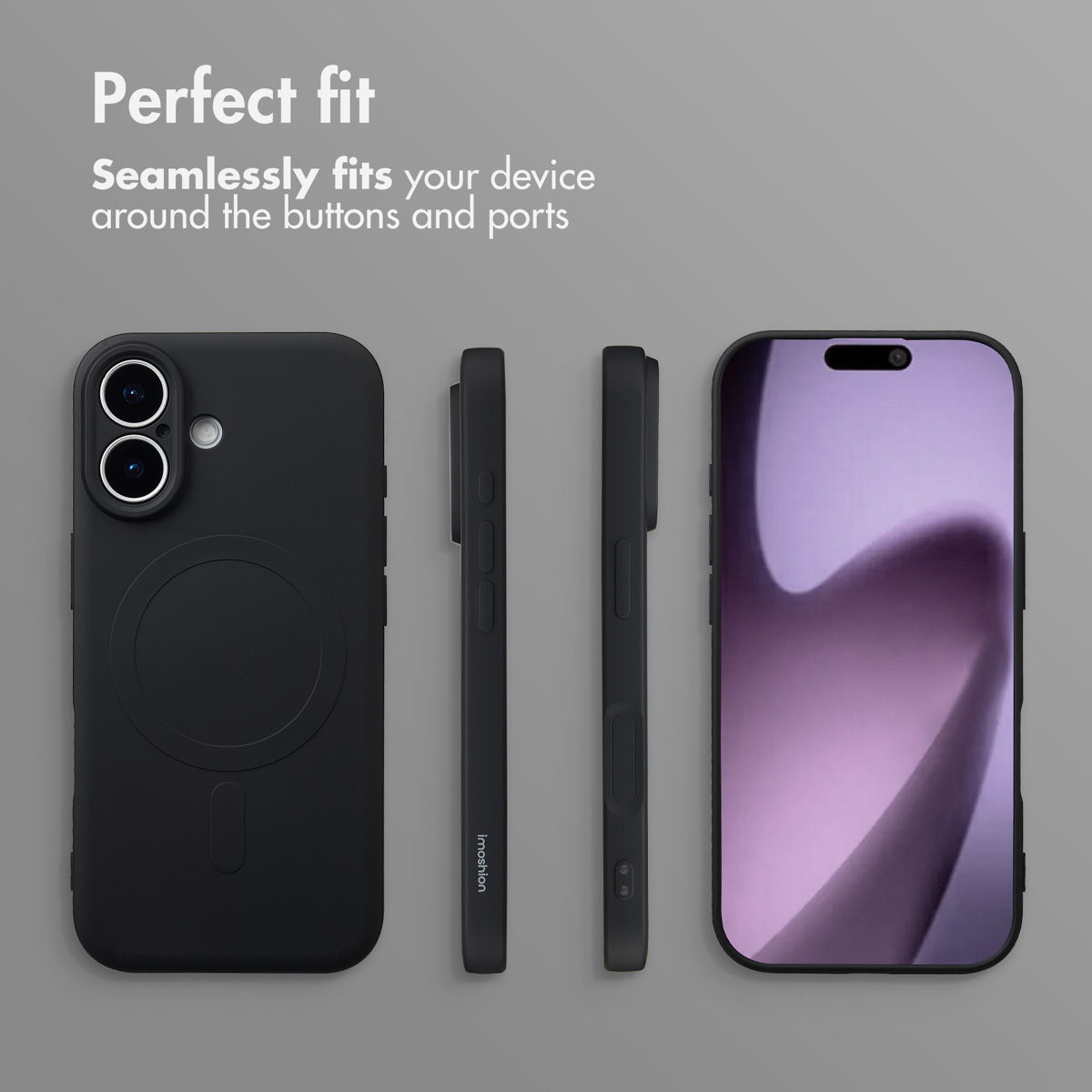 Custodia protettiva nera per smartphone da più lati con il testo Perfect fit.