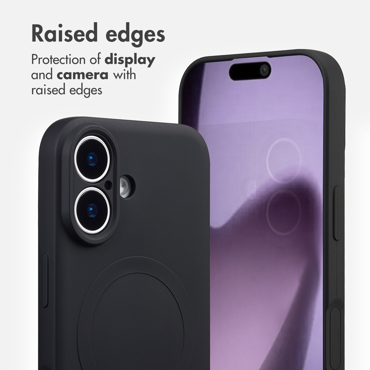 Due custodie nere per smartphone mostrano bordi rialzati per proteggere display e fotocamera.