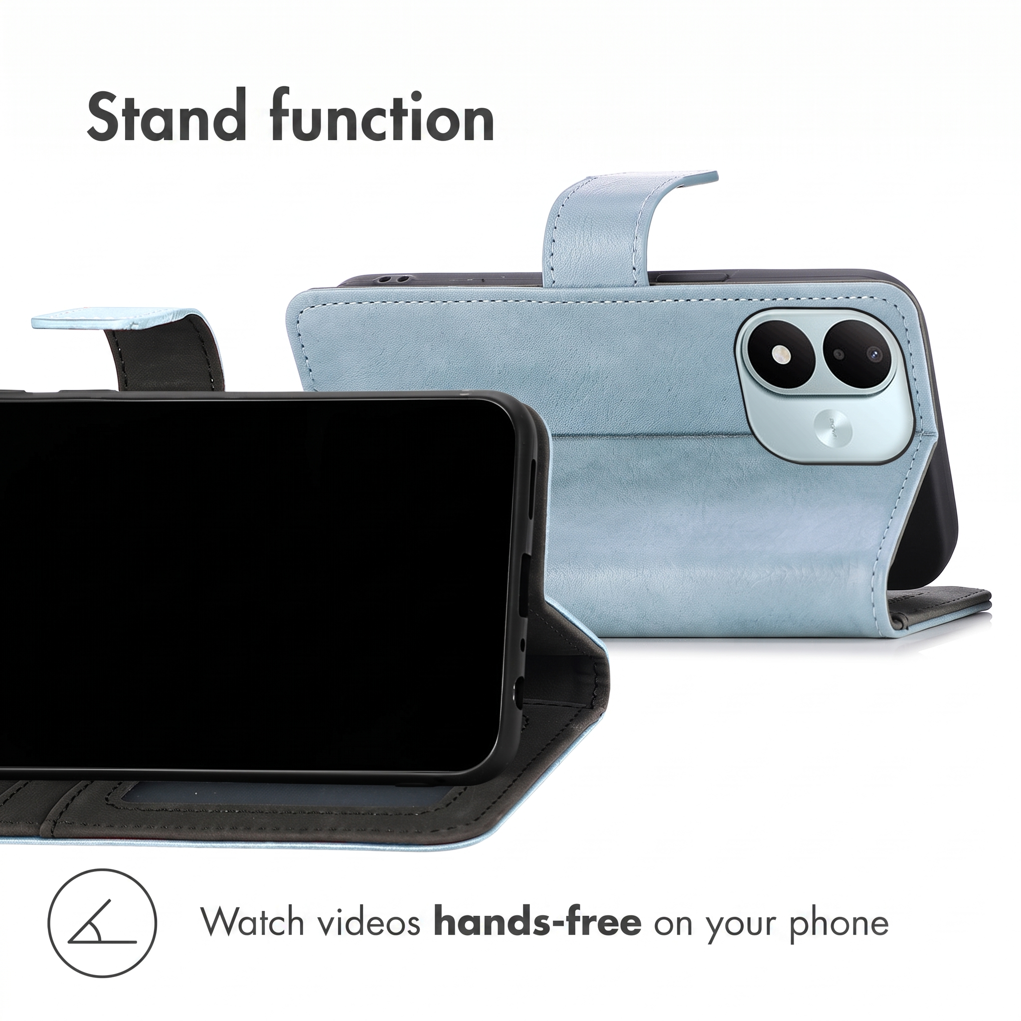 Light blue leather phone case in landscape mode with stand function and black screen.