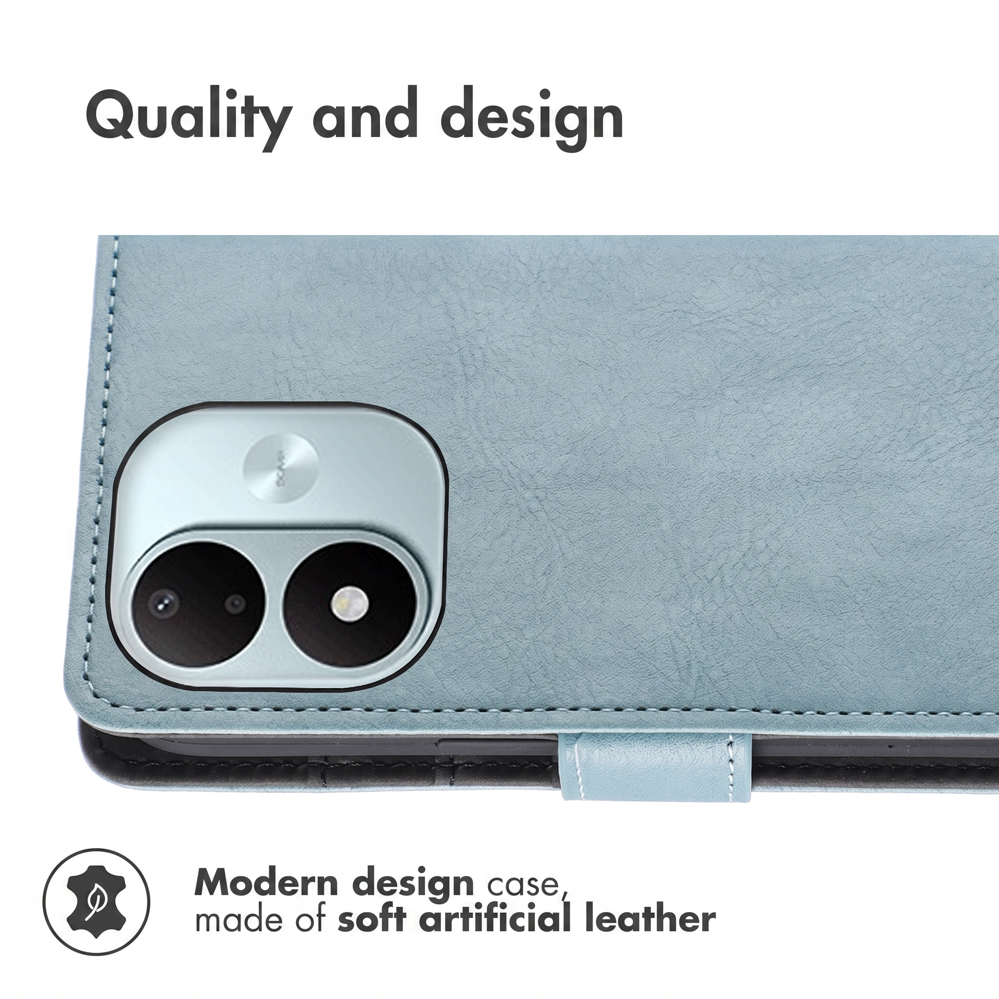 Blue artificial leather phone case with camera cutout and text.