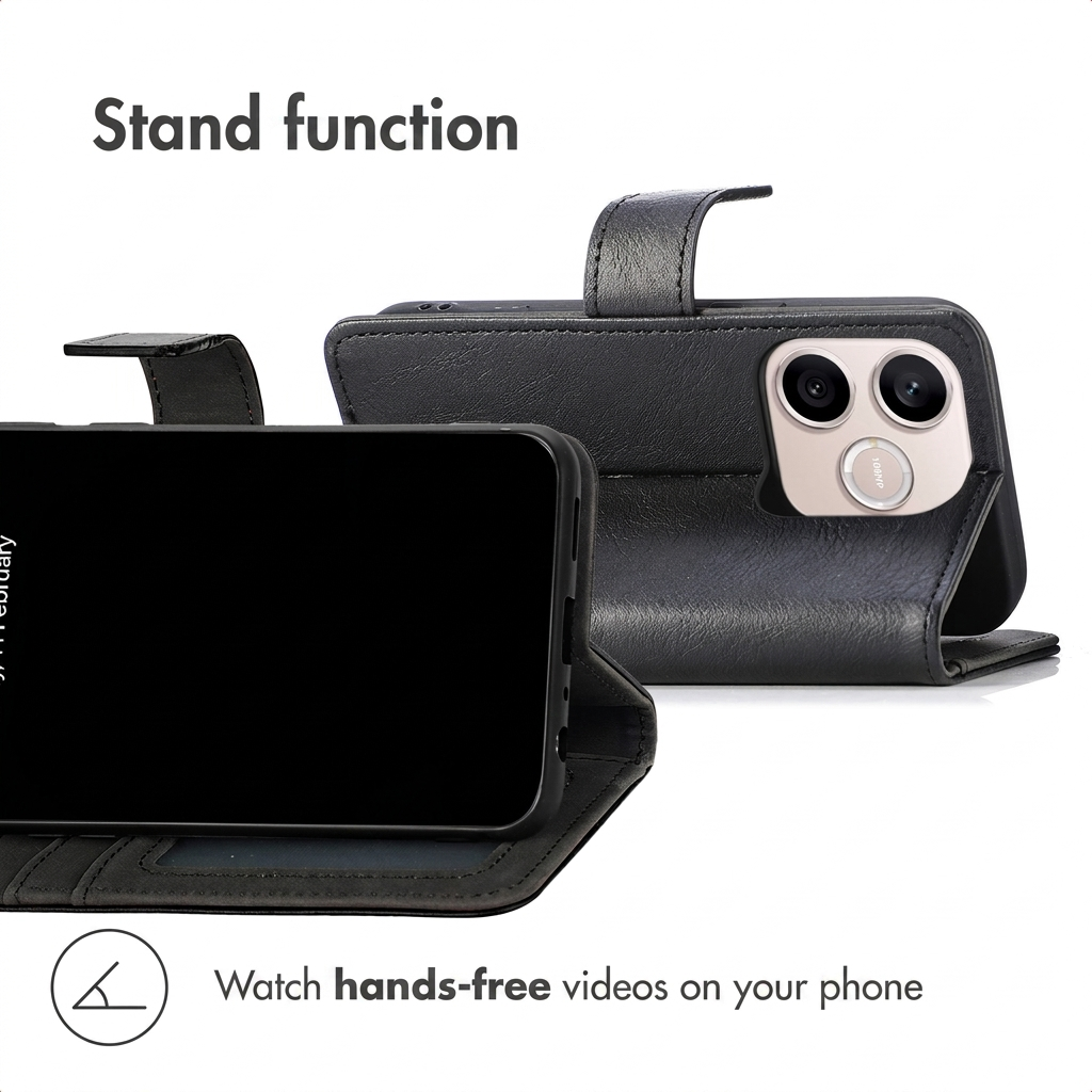 Zwarte lederen telefoonhoes met standfunctie voor handsfree video's kijken.