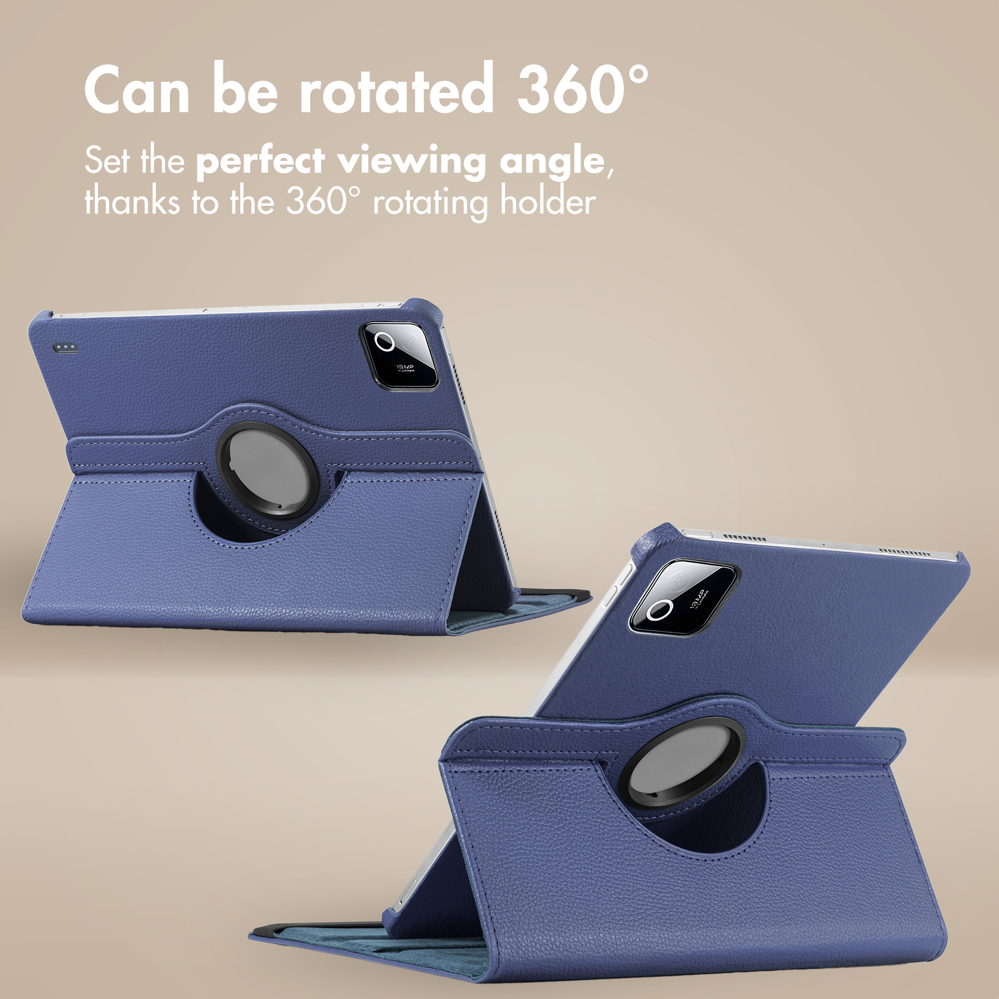 Blauwe tablethoes met geïntegreerde, 360 graden draaibare houder.