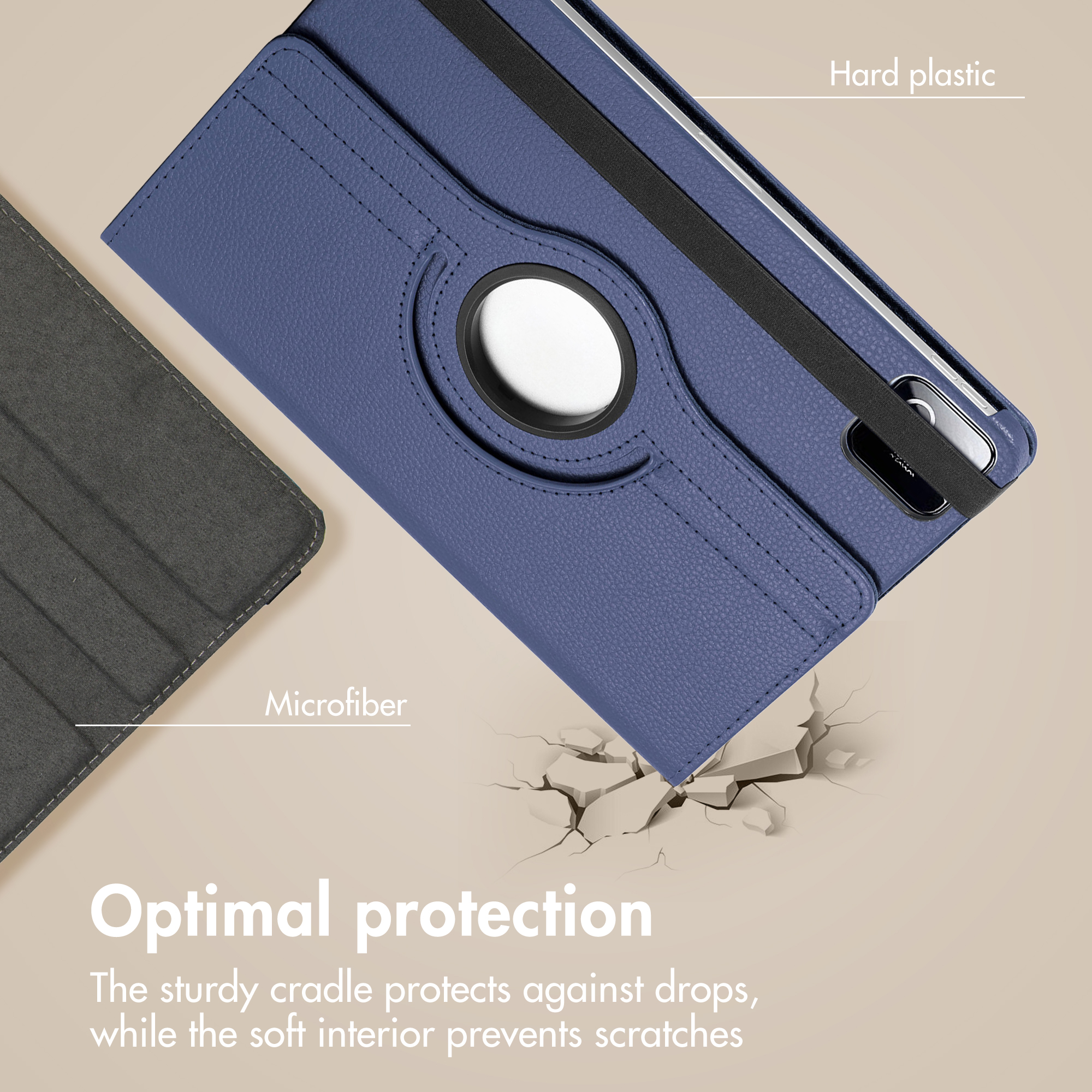 Blauwe tablethoes met harde plastic achterkant en zachte microfiber binnenkant ter bescherming.