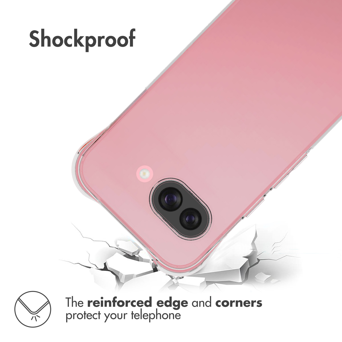 Pink smartphone in a protective case with dual camera above a broken floor.