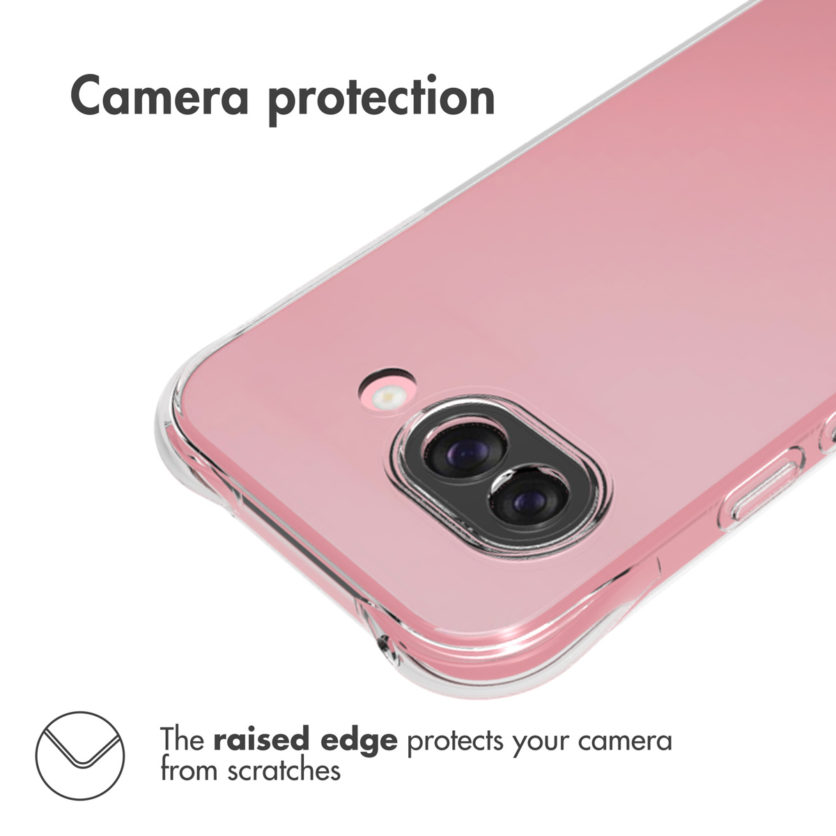 Pink smartphone in a protective case with a raised edge for camera protection.