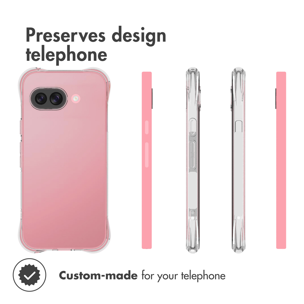 Pink phone in clear case, shown from back, sides, and front against a white background with text.