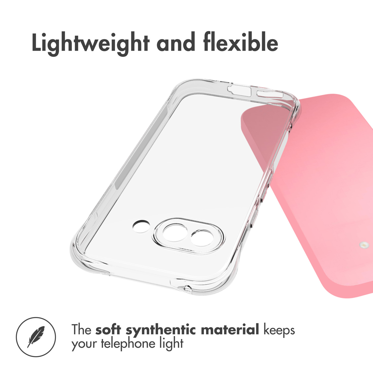 A transparent protective case for a pink smartphone against a white background with text.