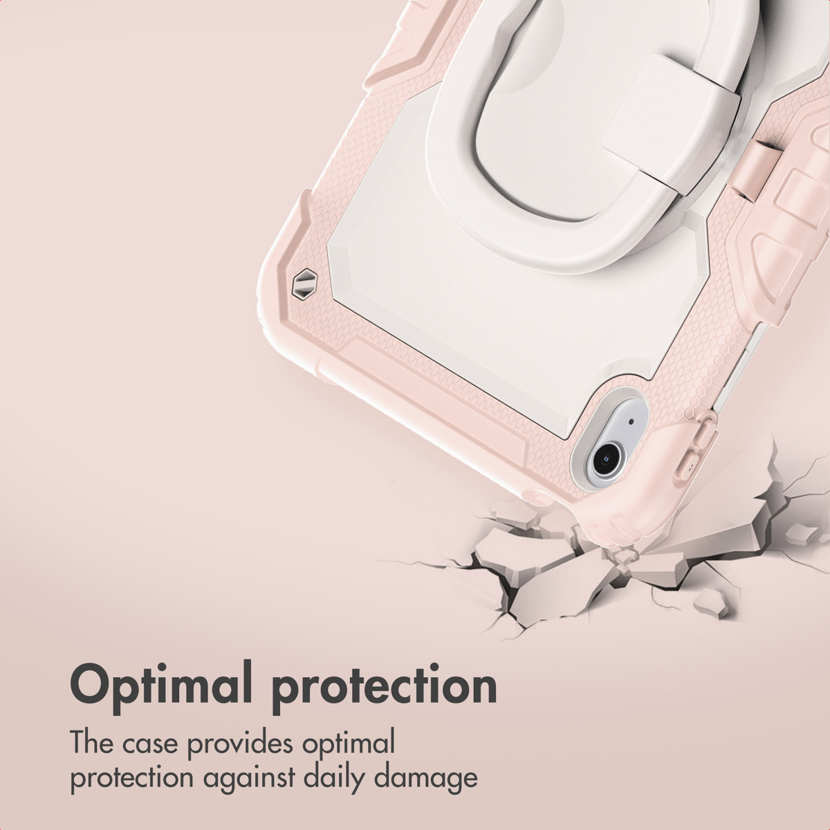 Une coque de protection rose et blanche pour tablette sur fond rose craquelé avec texte de protection optimale.
