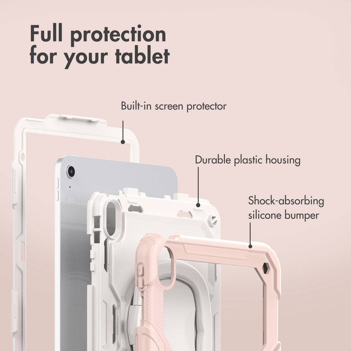 Étui pour tablette avec protecteur d'écran intégré, boîtier en plastique et pare-chocs en silicone.
