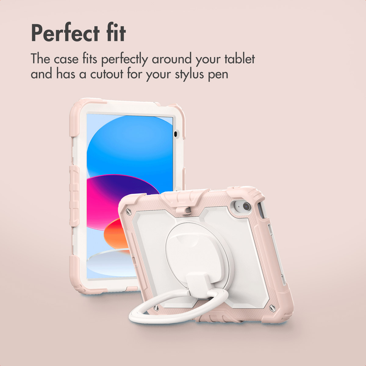 Étui de tablette rose avec support intégré et découpes pour stylet.