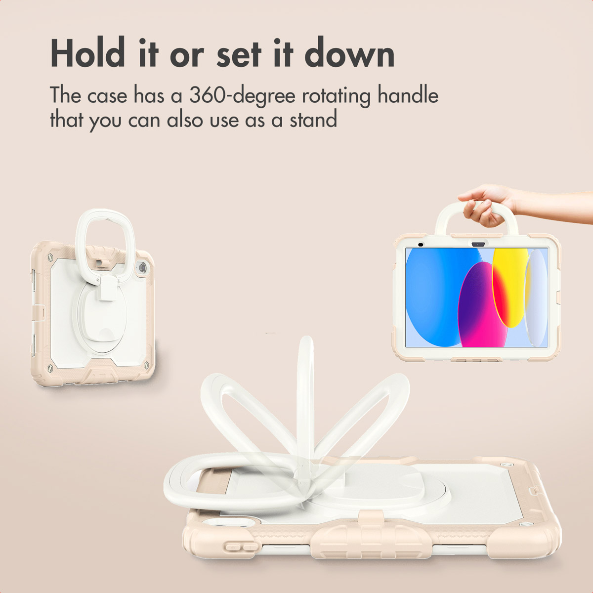 Une tablette dans une coque de protection beige avec poignée rotative intégrée servant de support.