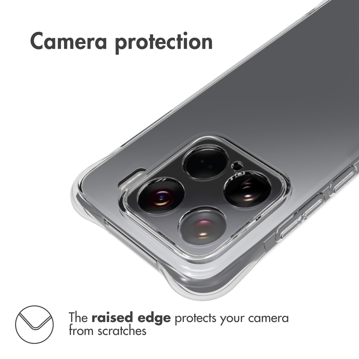 Primer plano de la parte trasera de un smartphone con funda protectora transparente y borde elevado.