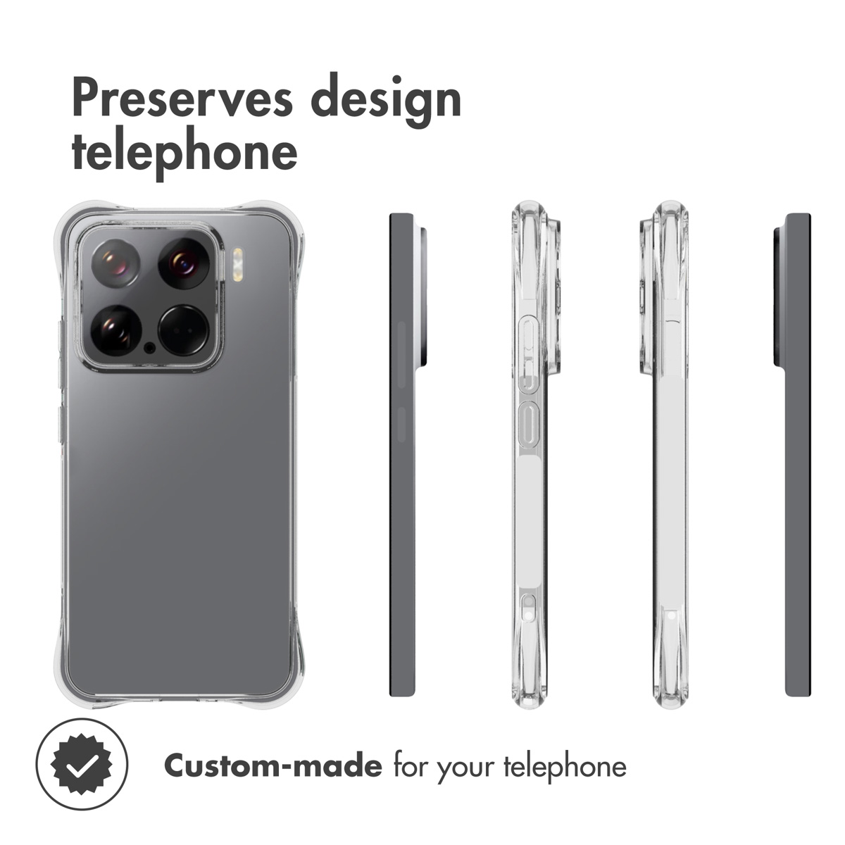Funda protectora transparente para teléfono mostrada desde varios ángulos con texto sobre su diseño.