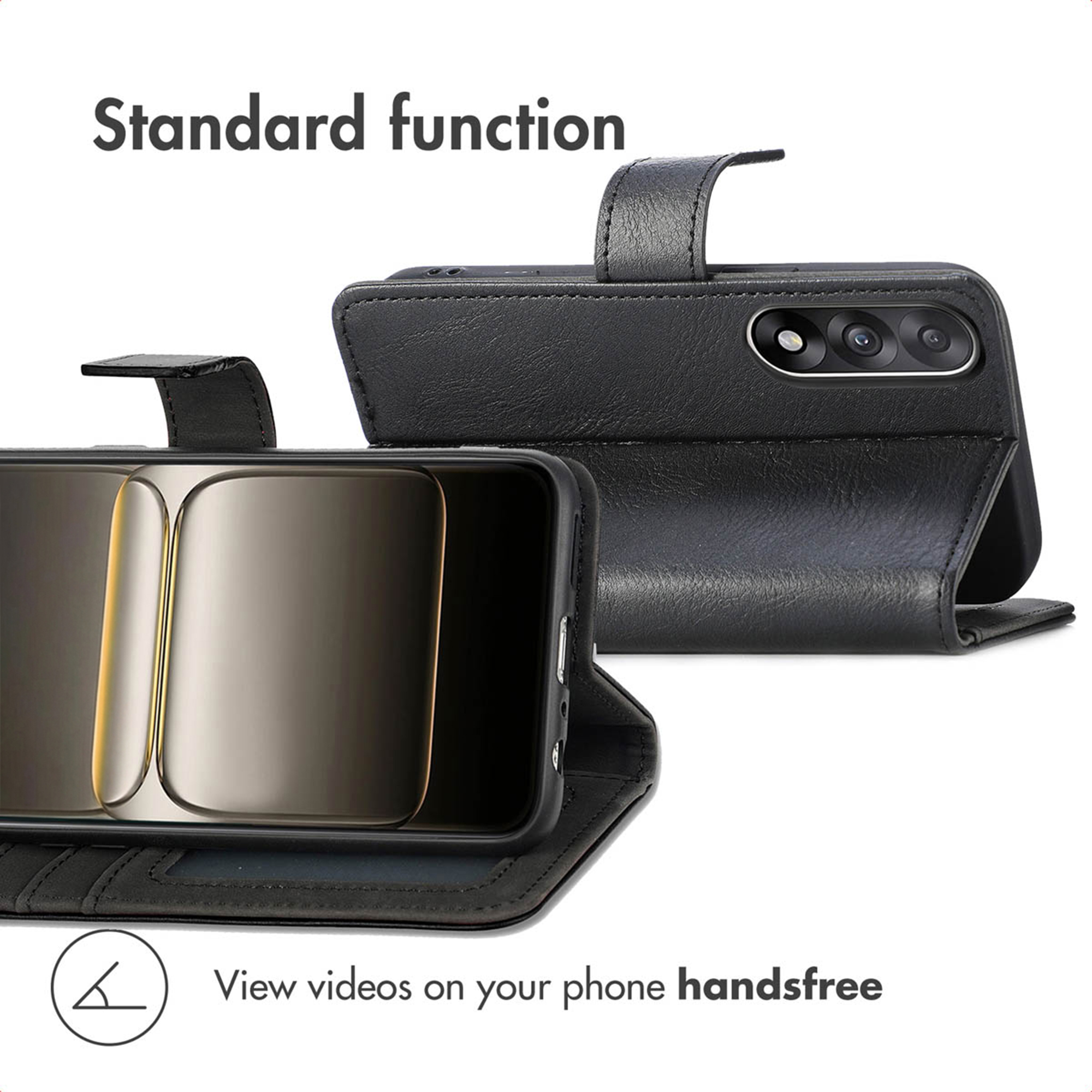 A black leather phone case demonstrates the standard function to view videos hands-free.