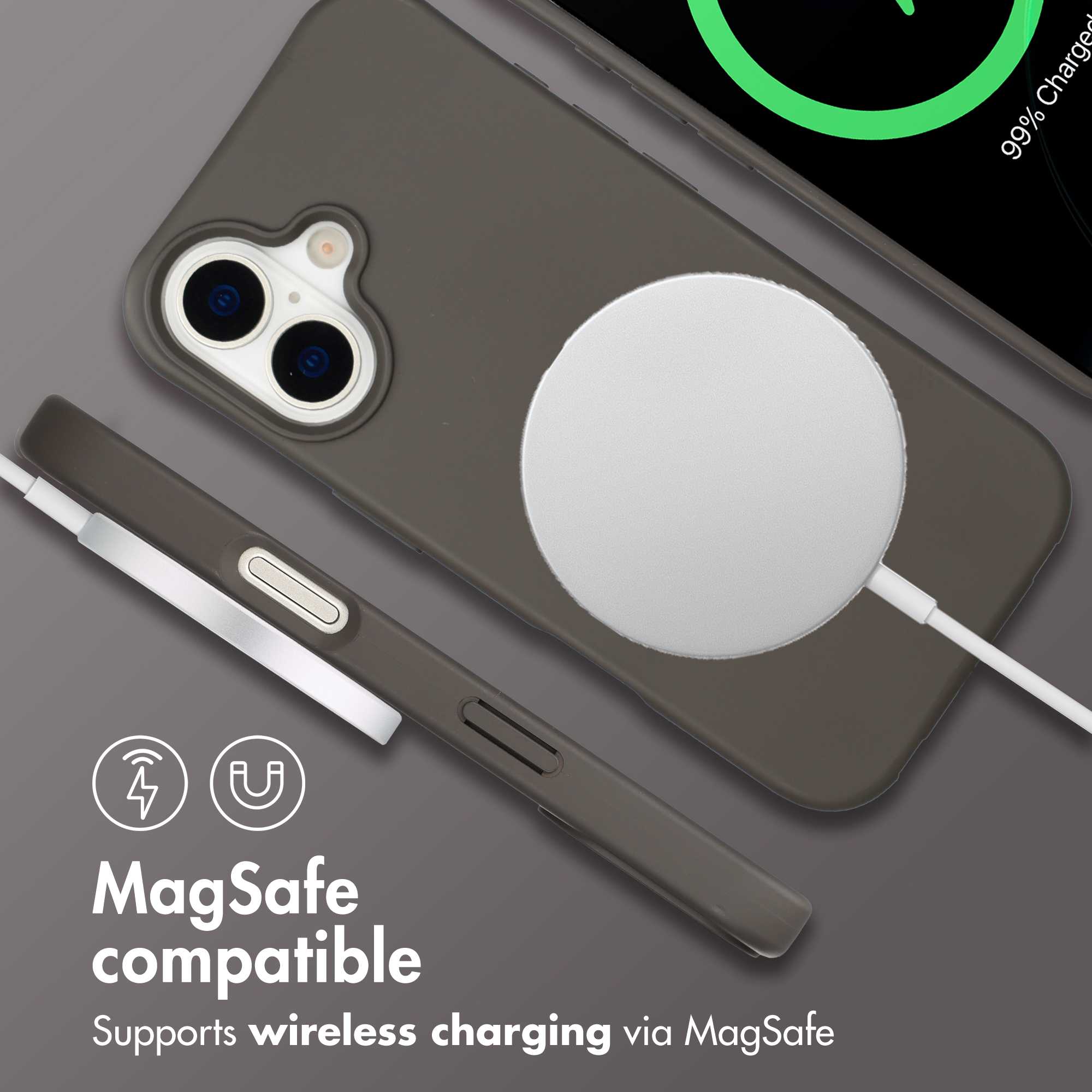 Dunkelgraue MagSafe-kompatible Handyhülle mit kabellosem Ladegerät.