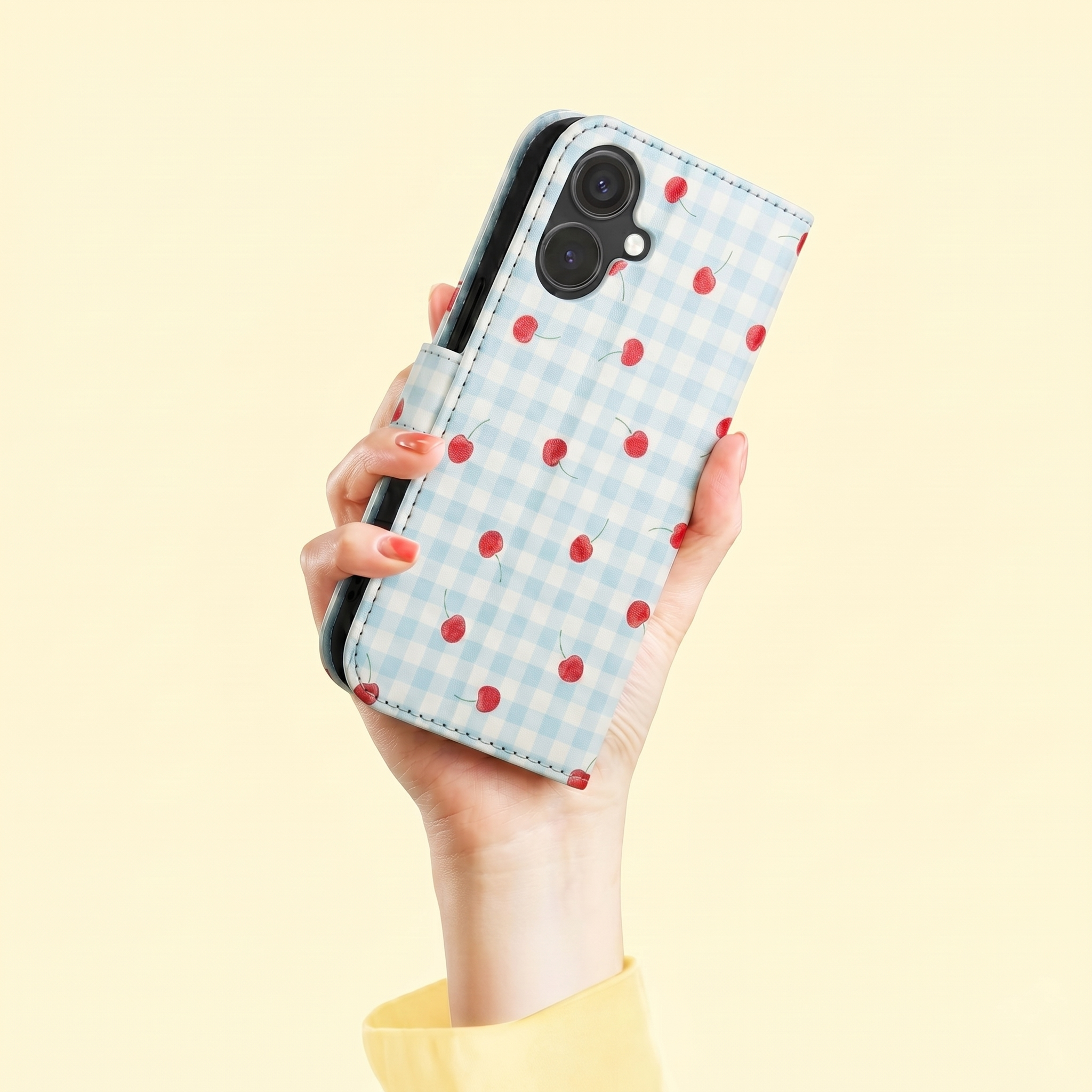 Eine Hand hält ein Smartphone in einer hellblauen Karo-Hülle mit rotem Kirschmuster vor gelbem Hintergrund.