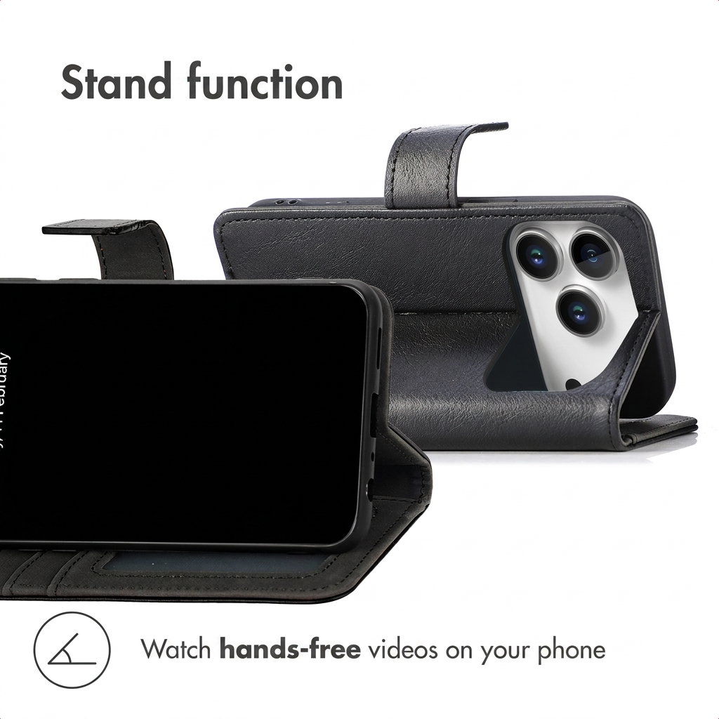 Étui portefeuille en cuir noir pour téléphone avec fonction support sur fond blanc.
