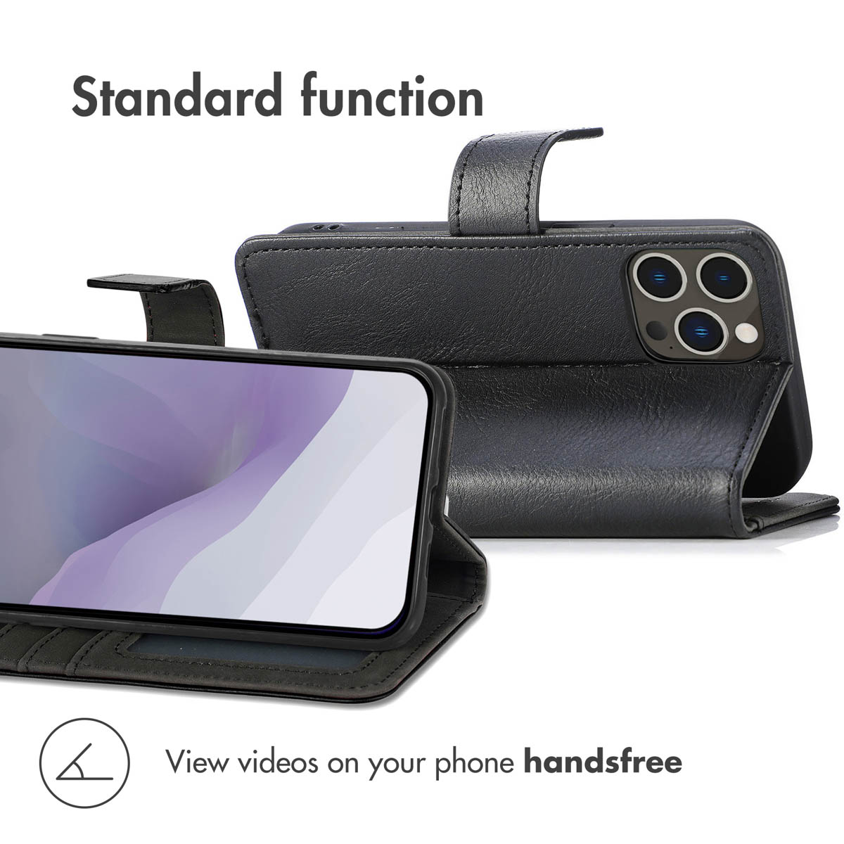 Una funda de cuero negro para smartphone que actúa como soporte.