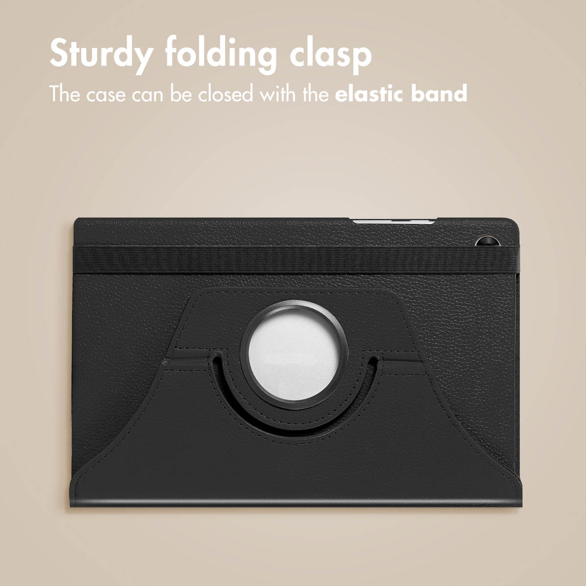 Étui de tablette noir avec bande élastique et support rond.
