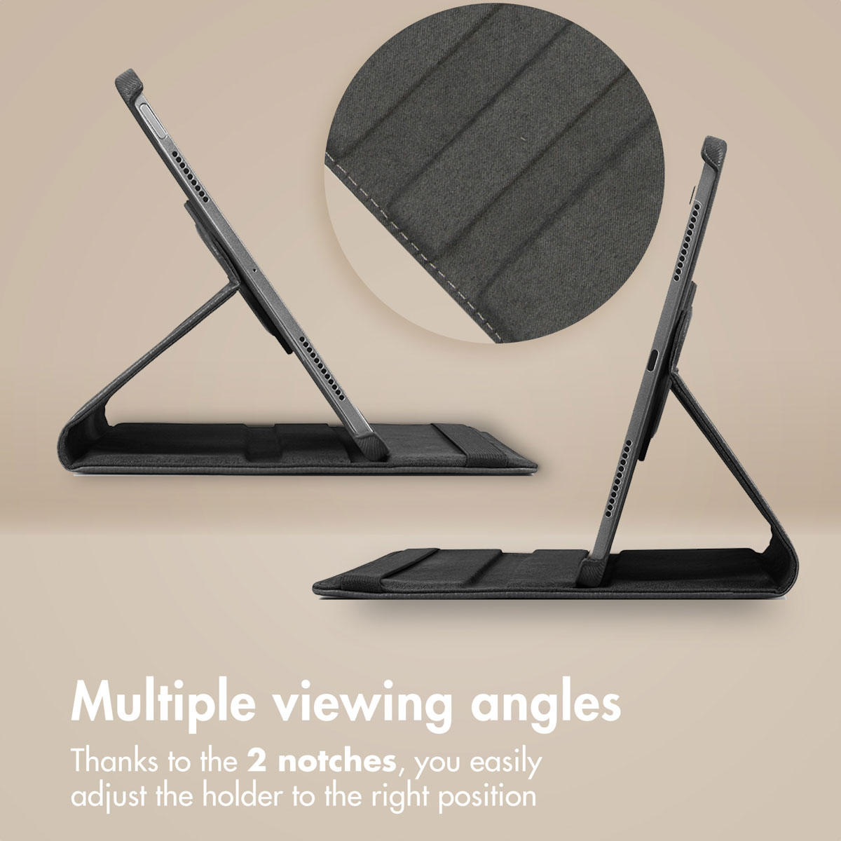 Tablette dans un étui de protection noir offrant deux angles de vue différents.