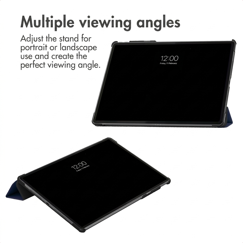 Tablet in beschermhoes met verstelbare standaard voor meerdere kijkhoeken.