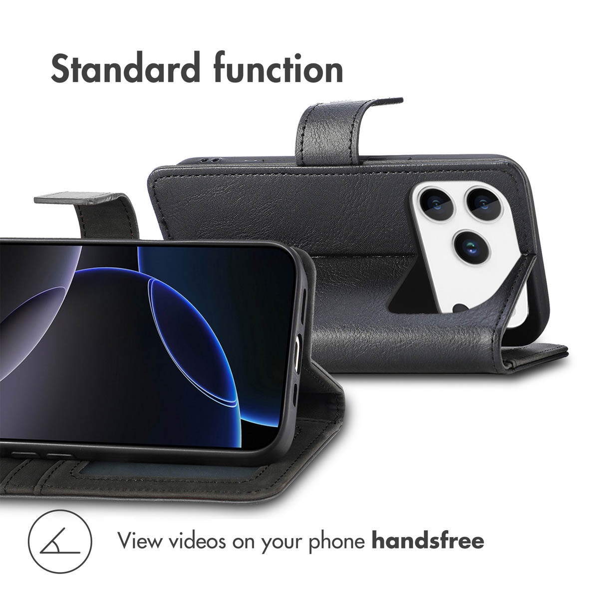 Étui portefeuille en cuir noir pour téléphone avec fonction support pour les vidéos.