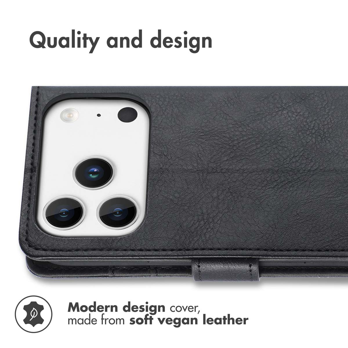 Étui de téléphone en cuir vegan noir avec triple appareil photo.