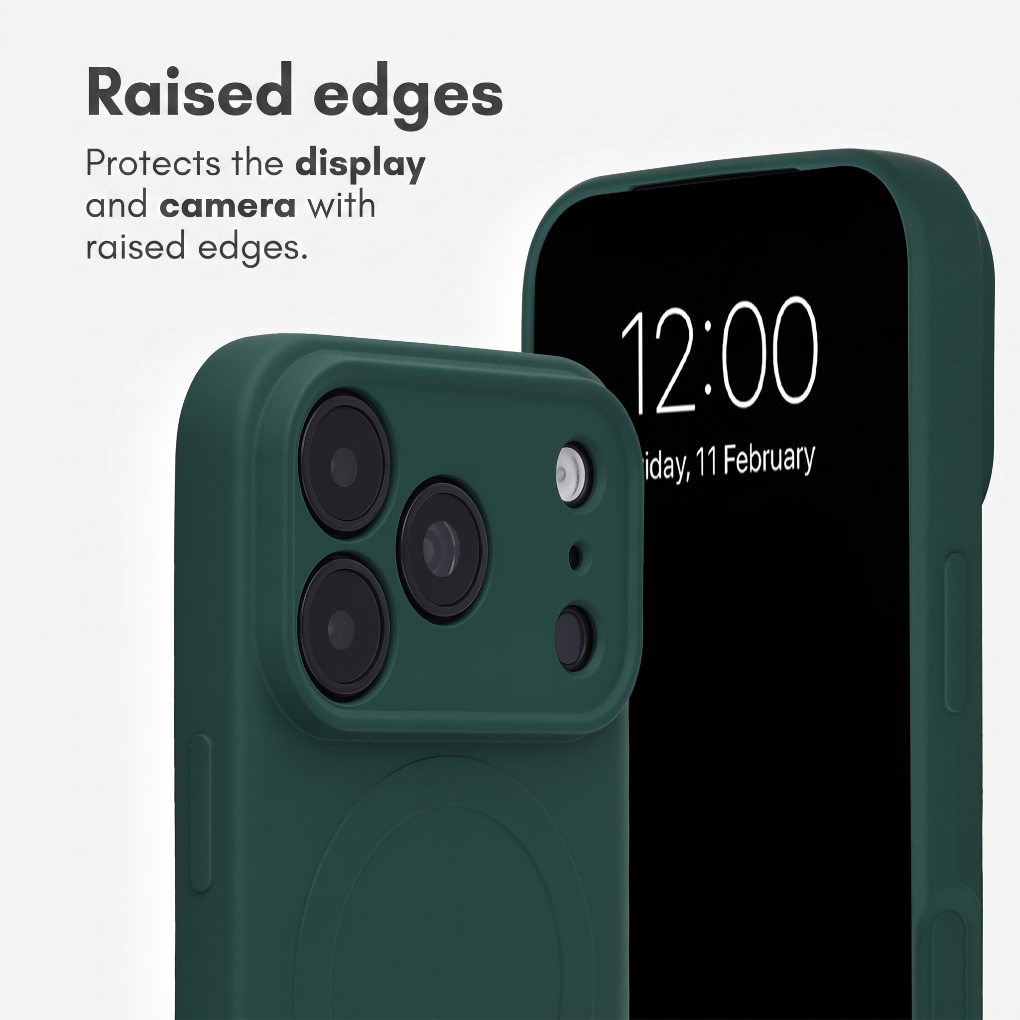 Grüne Smartphone-Hülle mit erhöhtem Rand zum Schutz von Display und Kamera.