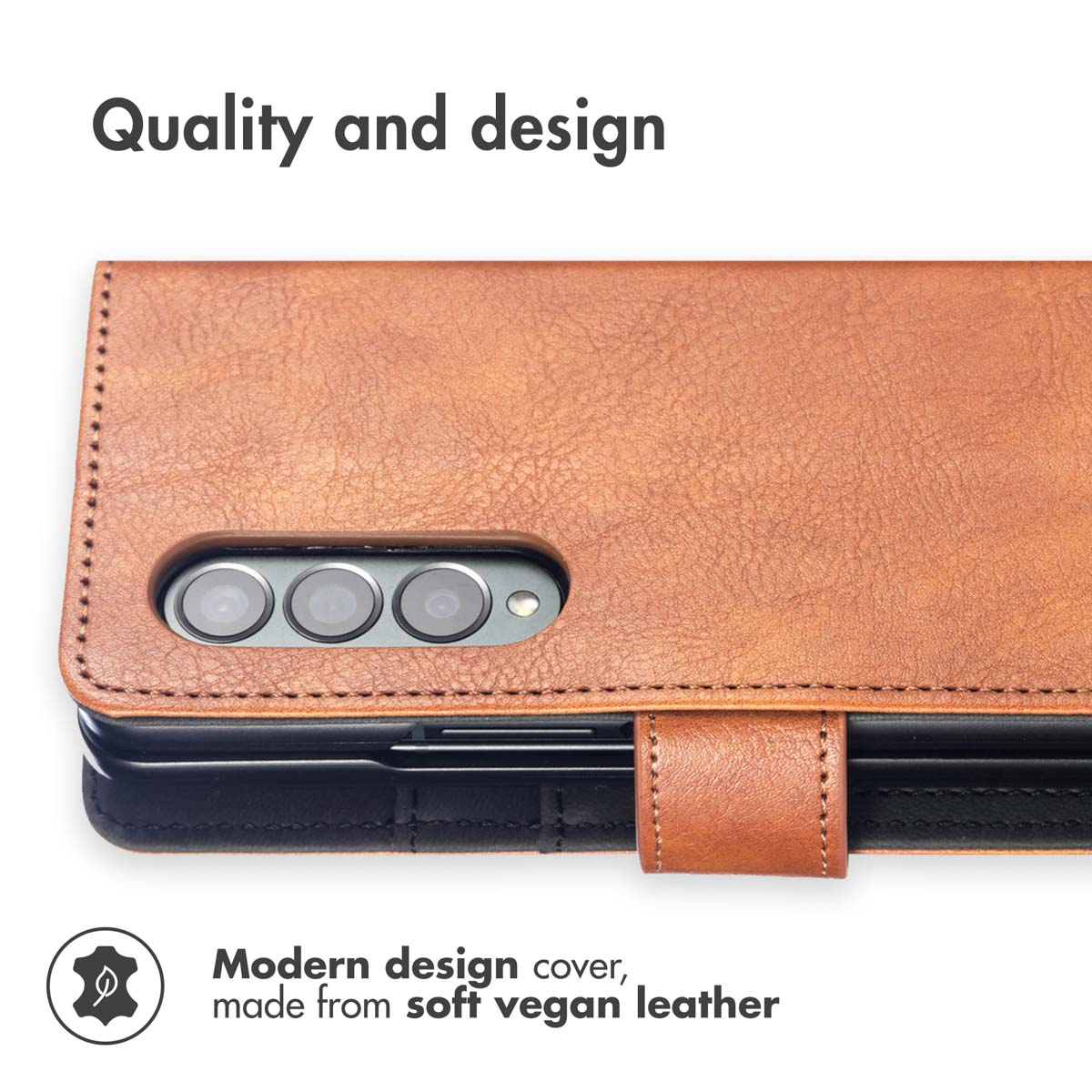 Coque de téléphone en cuir végétalien marron avec découpes pour appareil photo.