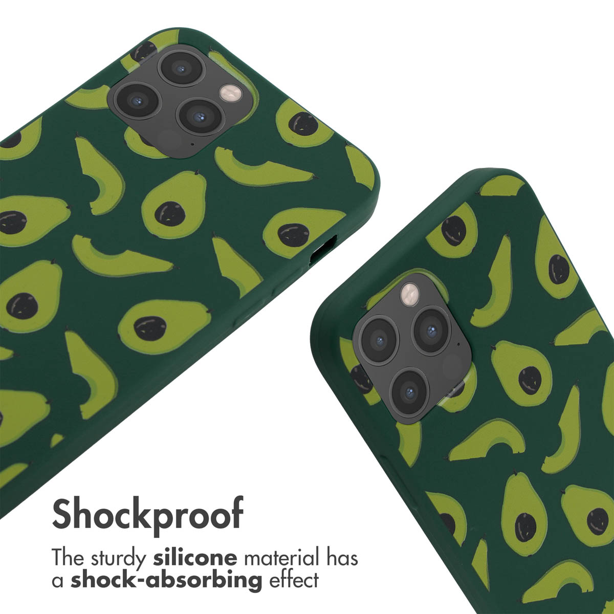 Zwei grüne Smartphone-Hüllen mit Avocadomuster und Text "Shockproof" unten.