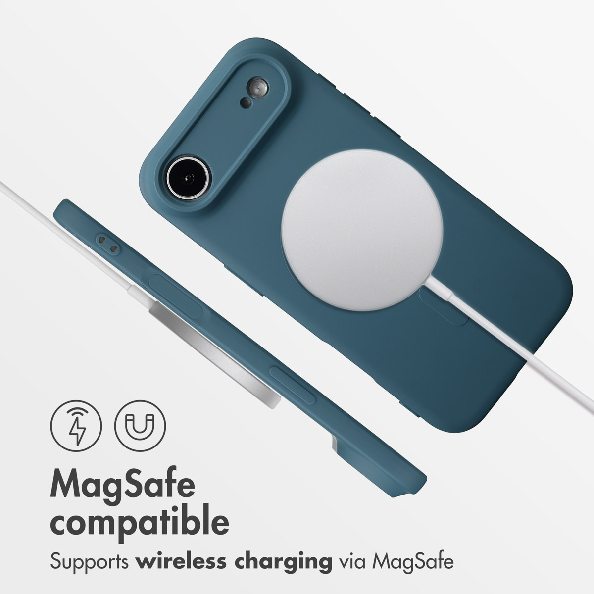Custodia per telefono blu con ricarica MagSafe, caricabatterie e icone.