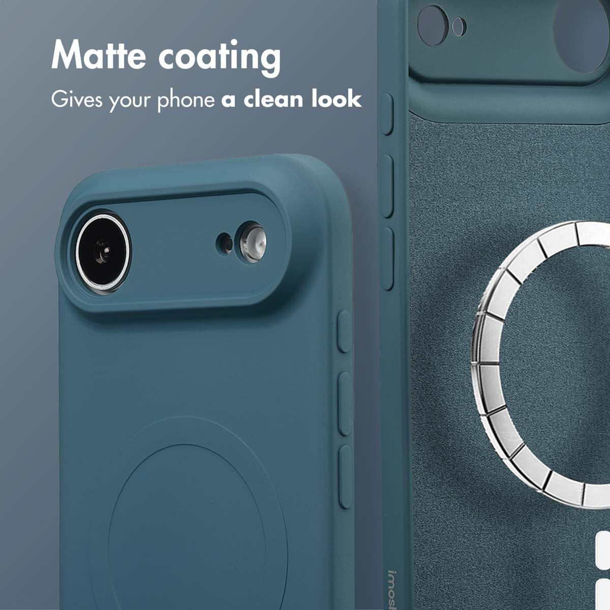 Una custodia per telefono blu opaca con un look pulito, aperture per la fotocamera e un anello.