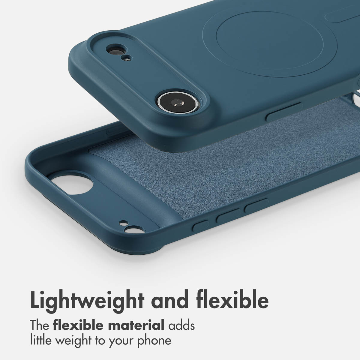 Una cover blu flessibile per smartphone con morbida fodera interna e ritagli per fotocamera.