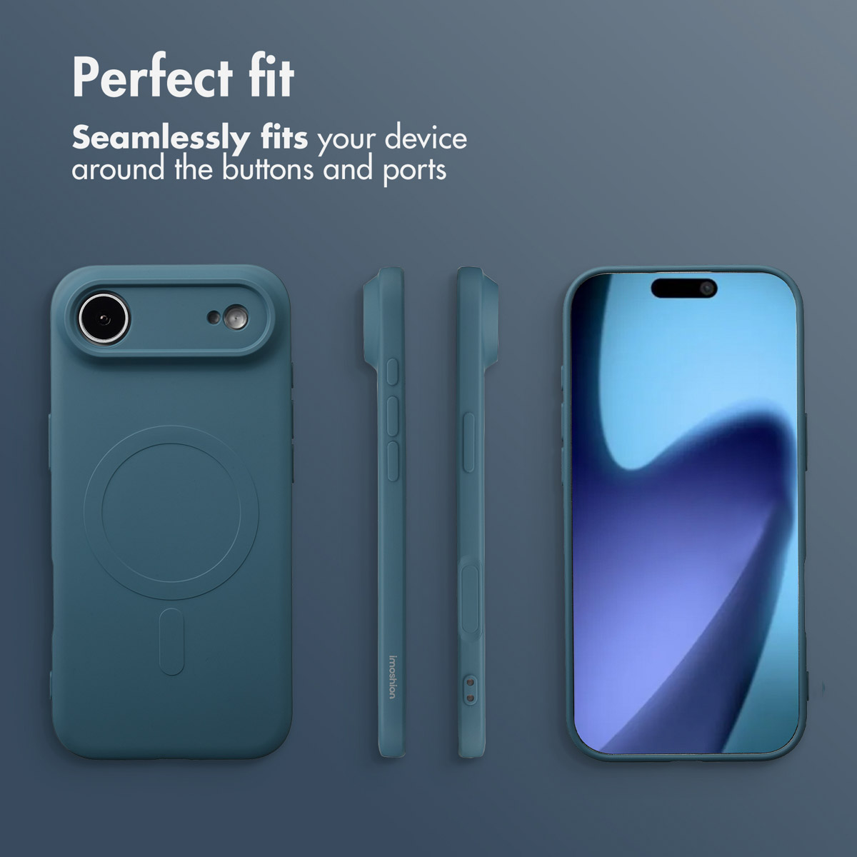 Una custodia blu per smartphone mostrata da più angolazioni, evidenziando tasti, ritagli per fotocamera e profilo sottile.