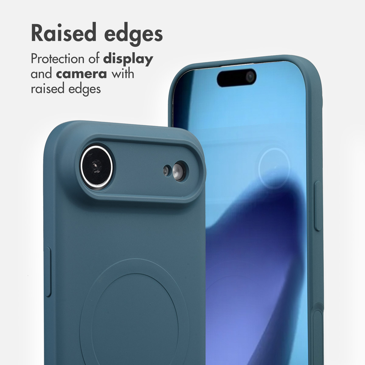 Custodia blu per smartphone con bordi rialzati per proteggere schermo e fotocamera.