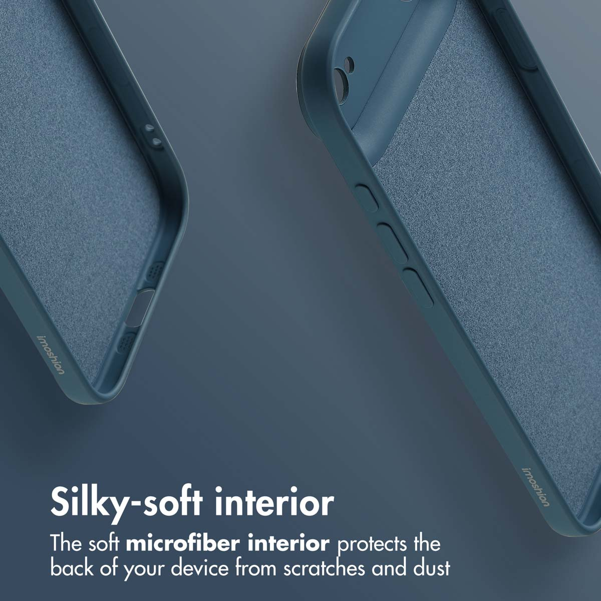 Due cover per telefono blu scuro con interno in morbida microfibra su sfondo blu, con testo.
