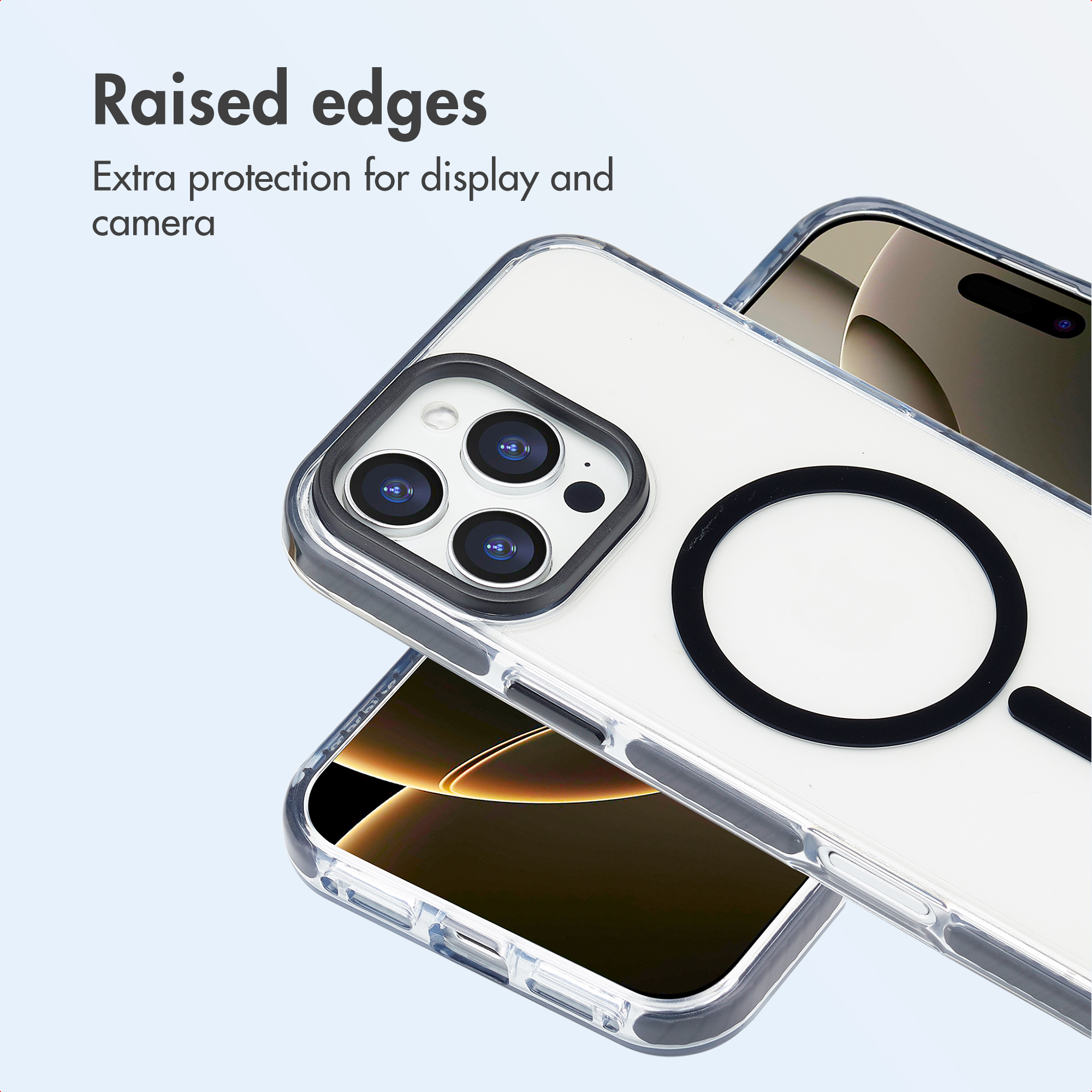 Transparente Handyhülle mit schwarzem MagSafe-Ring, Kamera- und Displayschutz.