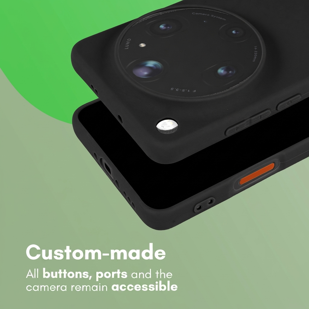 Dos fundas de móvil negras sobre fondo verde muestran cámara y botones.