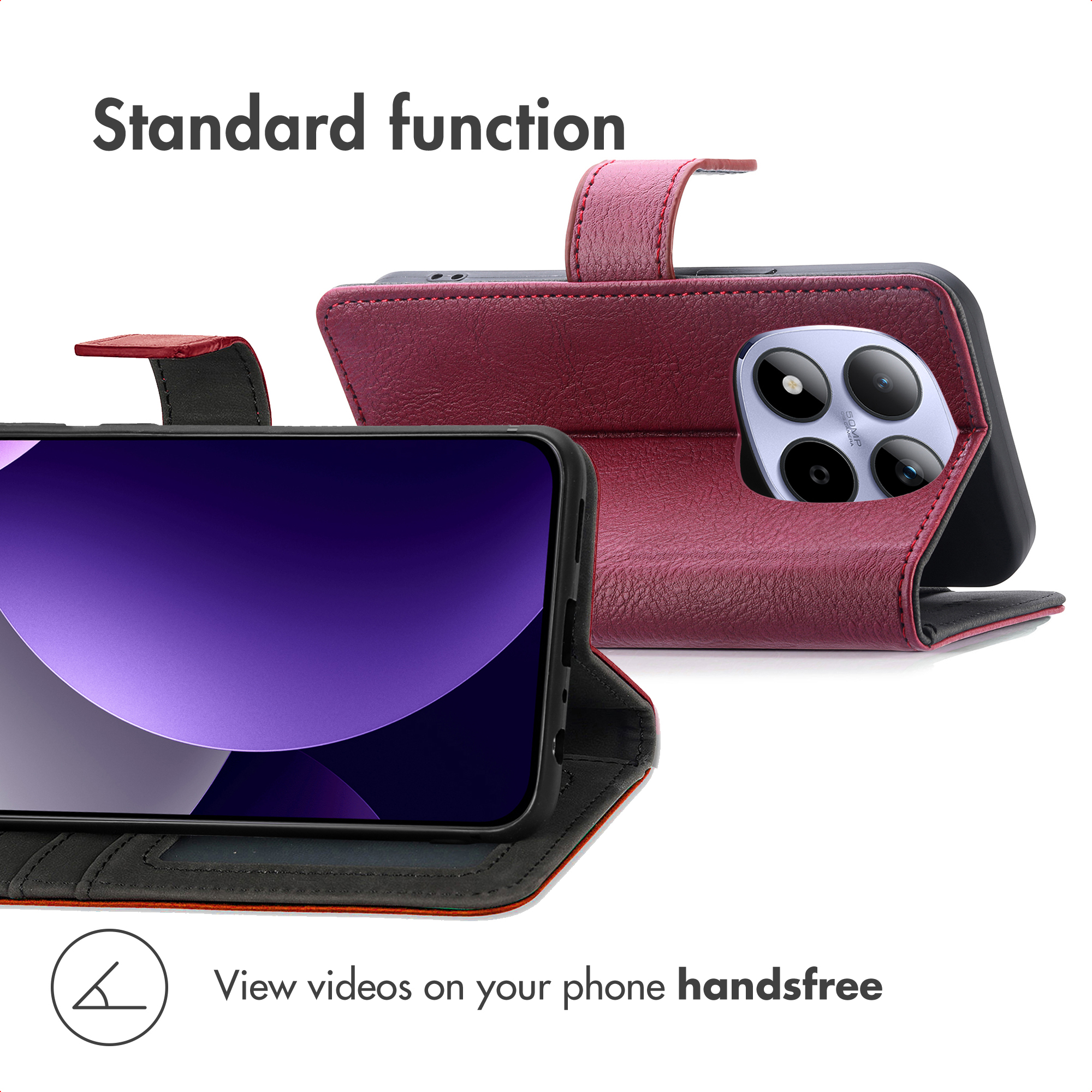 A red leather flip case for a smartphone with an integrated stand for hands-free viewing.