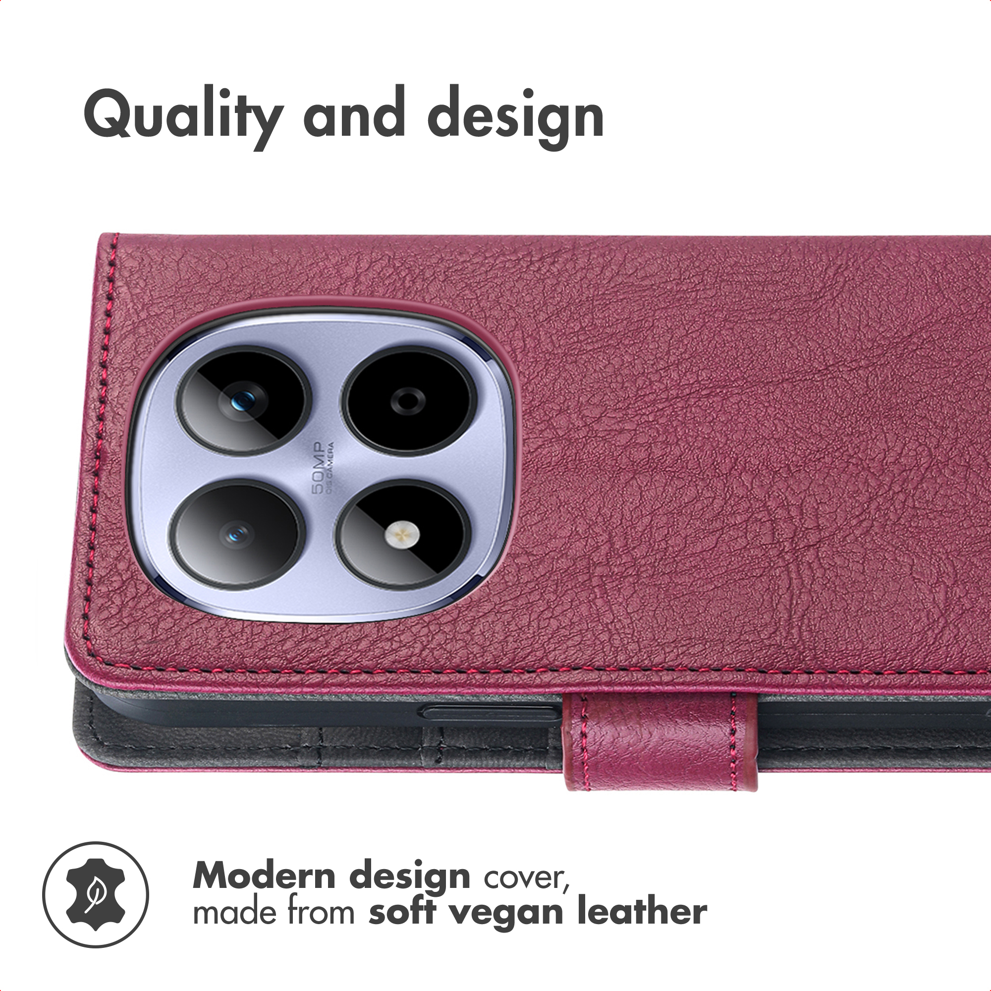 Close-up of a burgundy vegan leather phone case with a large circular four-camera module and black stitching.